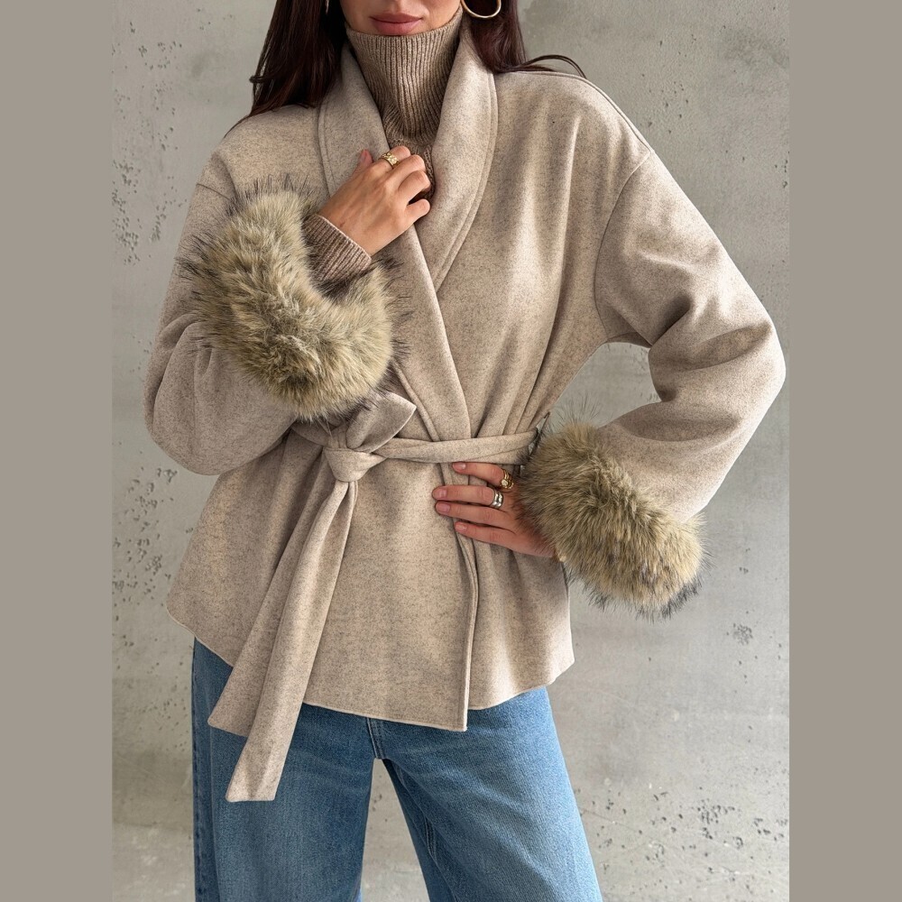 Tan Faux Fur Cuff Belted Shawl Collar Wrap Pea Coat
